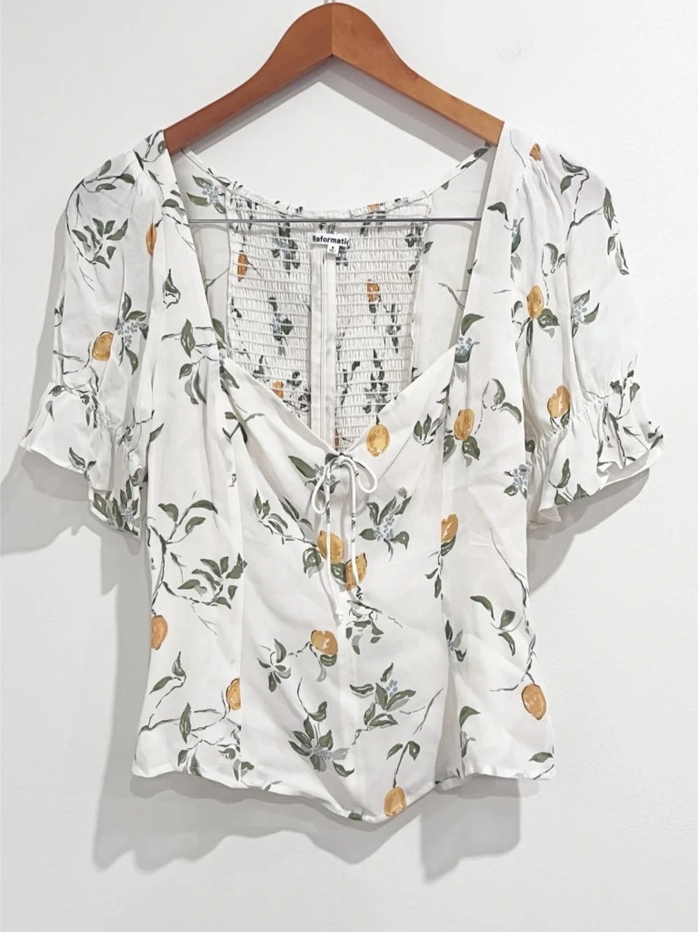 EUC Reformation Puff Sleeve Delevan Smocked Bodice Top in Citron